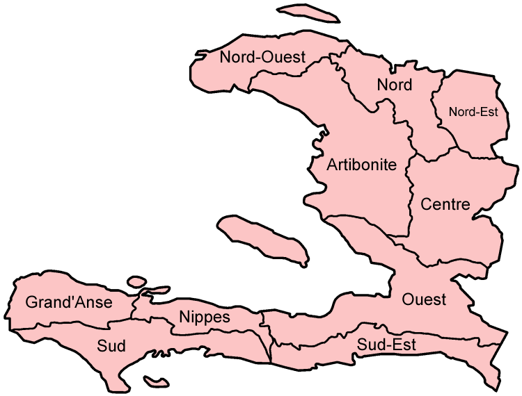 Nine Departments of Haiti with their names: Artibonite, Centre, Grande'Anse, Nippes, Nord, Nord-Est, Nord-Ouest, Sud, Sud-Est, Ouest